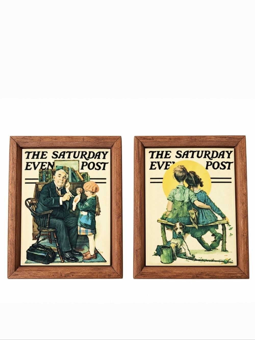 2 Vintage Norman Rockwell Saturday Evening Post Framed Ceramic Trivet Hot Plate
